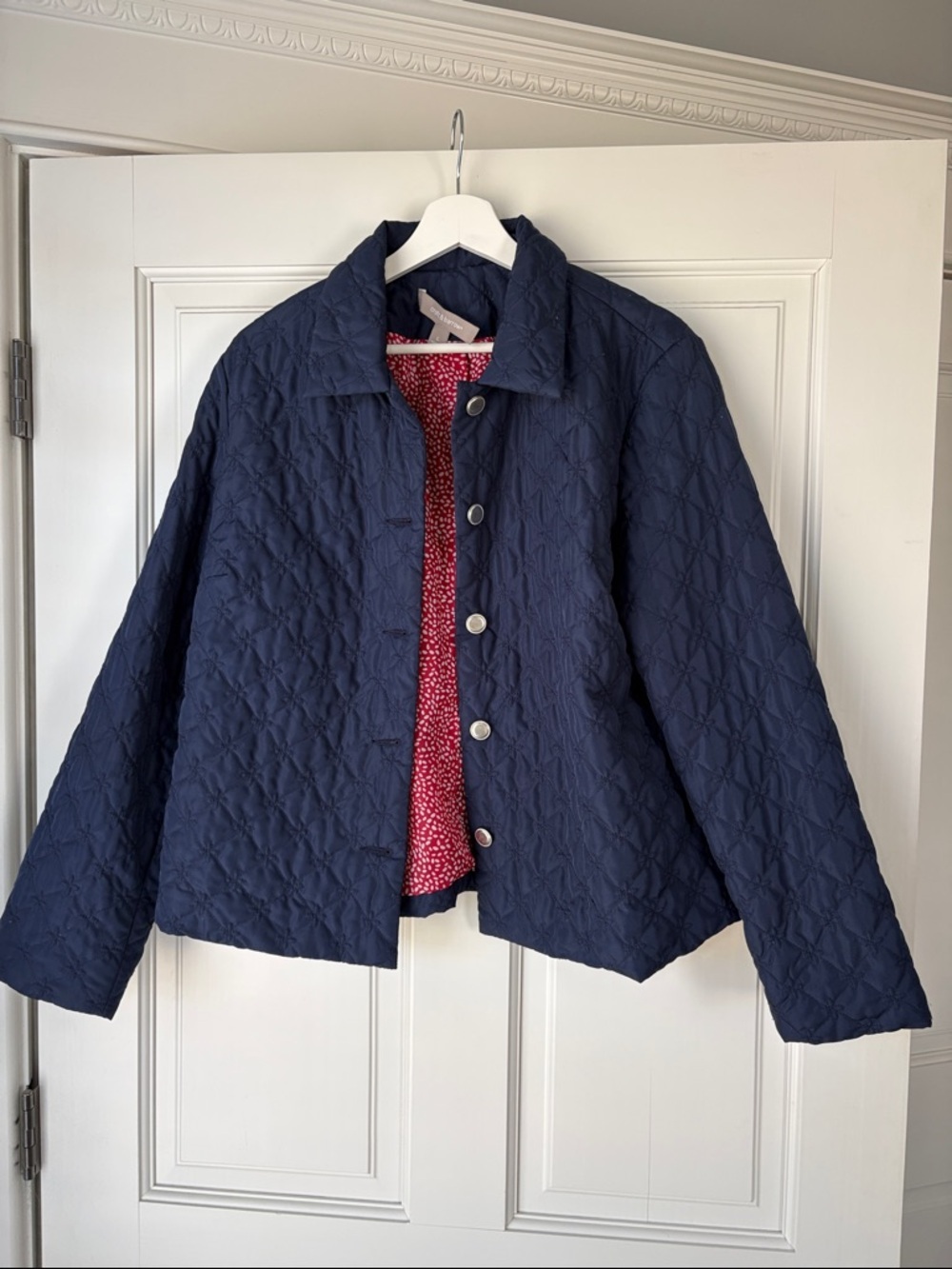 croft & barrow Navy Quilted Button-Front Jacket with Red Printed Lining Large